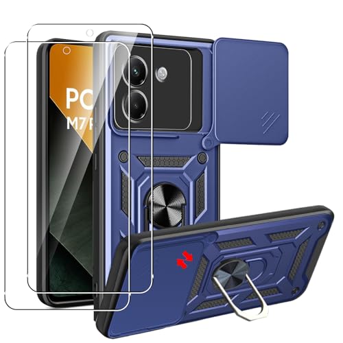 MEMELOKA Hülle für Xiaomi Poco M7 PRO 5G mit Schutzfolie [2 Stück], Kratzfest Militär Schutzhülle + 360° Drehbarer Ständer, TPU Stoßfeste Bumper Handyhülle mit Kamera Schiebeabdeckung, Blau von MEMELOKA