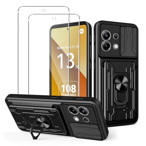 MEMELOKA Hülle für Xiaomi Redmi Note 13 5G + 2 Stück Schutzfolie, Hart PC Gehäuse und TPU Stoßfeste Bumper Handyhülle[Kamera Schiebeabdeckung][Drehbarer Ständer][Kartenfach Slot], Schwarz von MEMELOKA