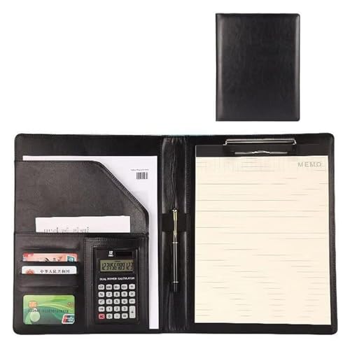 Konferenz-Portfolio-Ordner-Geldbörsen, Lederordner mit Klemmbrett-Clip for Männer, Vorstellungsgespräche, Schule, Büro, Visitenkarten, Notizbücher, Lebensläufe, Dokumente(Black) von MEMEM