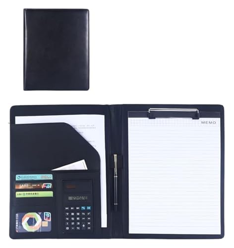 Konferenz-Portfolio-Ordner-Hüllen, Leder-A4-Klemmbrett-Geschäftsdatei-Ordner Interview-Lebenslauf mit Schreibblock-Kartenhalter for Meetings und Interviews(Black) von MEMEM
