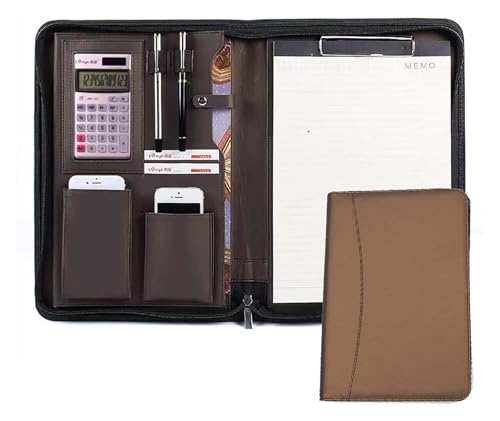 Konferenz-Portfolio-Ordner-Hüllen, Ordner-Binder mit Taschenrechner-Reißverschluss for Lebensläufe for Männer und Frauen mit Notizblock-kompatibel(Brown) von MEMEM