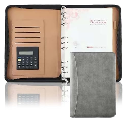 Konferenz-Portfolio-Ordner-Hüllen, Ordner mit 6 Ringen und Schreibblock mit Reißverschluss, professionelle Ledermappe im Legal-Format for Vorstellungsgespräche im Business-Bereich(Grey) von MEMEM