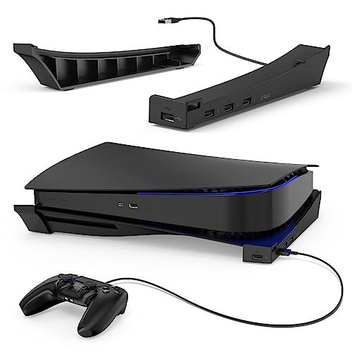 Horizontaler Ständer für PS5 Konsole mit 4-Port USB Hub,MENEEA Upgraded PS5 Zubehör Basis Halterung für Playstation 5 Disc & Digitale Editionen, 1 USB 2.0 Datenanschluss & 3 Erweiterung der Ladebuchse von MENEEA