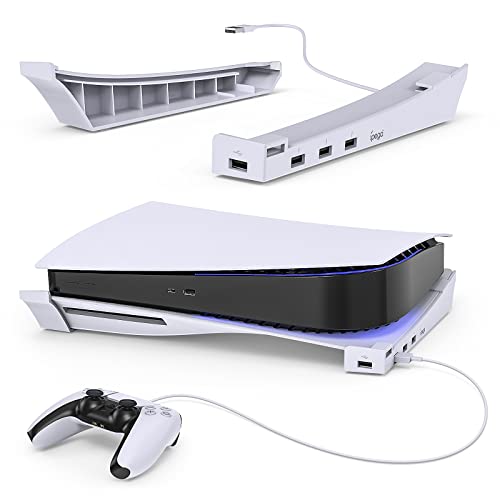 Horizontaler Ständer für PS5 Konsole mit 4-Port USB Hub,MENEEA Upgraded Zubehör Basis Halterung für Playstation 5 Disc & Digitale Editionen, 1 USB 2.0 Datenanschluss & 3 Erweiterung der Ladebuchse von MENEEA