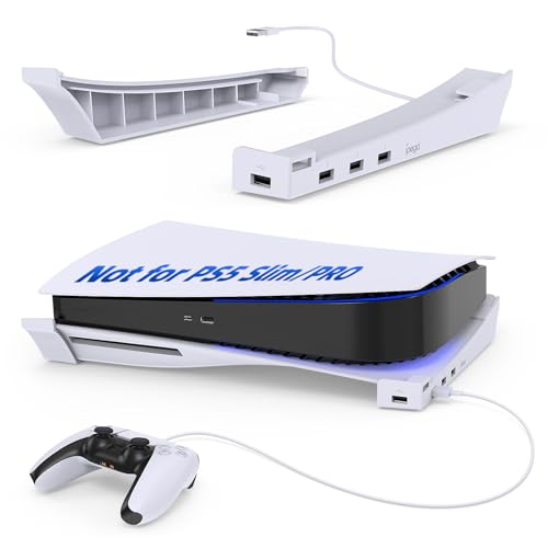 Horizontaler Ständer für PS5 Konsole mit 4-Port USB Hub,MENEEA Upgraded Zubehör Basis Halterung für Playstation 5 Disc & Digitale Editionen, 1 USB 2.0 Datenanschluss & 3 Erweiterung der Ladebuchse von MENEEA