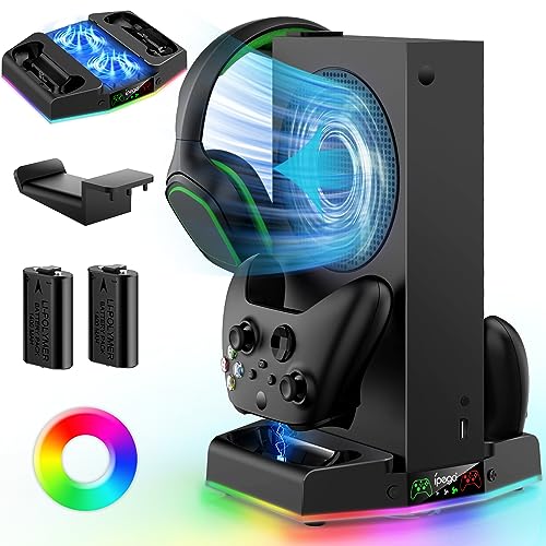 Kühlständer für Xbox Serie S mit Ladestation-RGB Licht, MENEEA Low Noise Fan für Konsole-Schnellladegerät des Controllers, Zubehör mit 2.1400mAh wiederaufladbaren Batterien, Kopfhörer-Haken von MENEEA