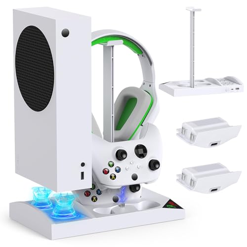 Kühlventilator mit Ladeständer für Xbox Series S Konsole und Controller, Dual Charger Dock Zubehör mit 2 x 1400mAh Akku und Abdeckung, Kopfhörerhalterung für Xbox Series S, Weiß von MENEEA