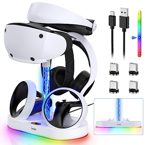 Ladestation für PSVR2 mit RGB-Licht, MENEEA Dual-Sense-Ladestation & Headset-Ständer Zubehör kompatibel mit Playstation 5 VR2 mit 15 Modi von LED-Leuchten, 4 Typ C magnetische Adapter von MENEEA