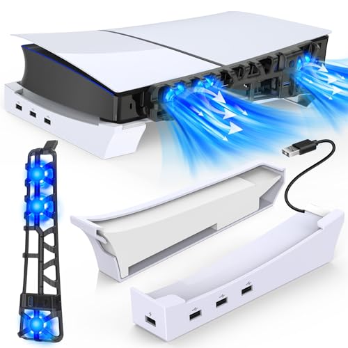 MENEEA Horizontaler Ständer-Fan für PS5 Slim Konsole mit LED-Beleuchtung, 3 Ebenen der Kühlung Zubehör Station für 2023 Playstation 5 Slim mit 1 x USB 3.0,4 x USB 2.0 Port Hub von MENEEA