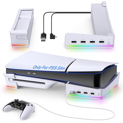 MENEEA Horizontaler Ständer Nurfür PS5 Slim Konsole mit 4-USB Port Hub & 14 RGB Lichtmodi, Seitenständer mit P5 Controller Lade Daten Port, Basis Halter Zubehör für Playstation 5 Disc & Digital -Slim von MENEEA