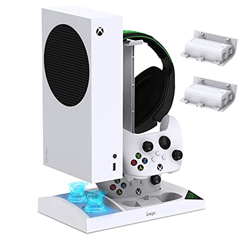 MENEEA Ladegerät-Ständer mit Lüfter Zubehör für Xbox Series S Controller Ladestation und Konsole mit Kühler, Kopfhörerhalterung, 2 x 1400 mAh wiederaufladbaren Akku (Weiß) von MENEEA
