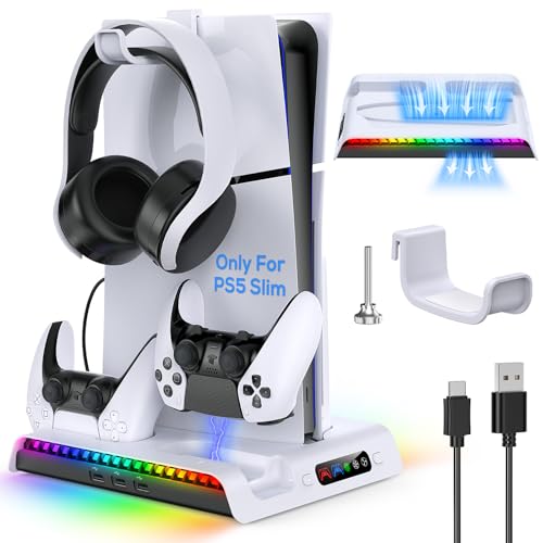 MENEEA Ladeständer Stand für New PS5 Slim mit Lüfter, Station für DualSense/Edge Controller mit RGB Licht, Headset Hook.3 USB Hubs, Kühler für Playstation 5 Slim Disc& Digital Edition Konsole 2023 von MENEEA