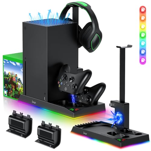 MENEEA RGB-Ladeständer mit Kühlgebläse für Xbox Series X Konsole & Controller,Duale Ladestation Kühler Systemzubehör mit 15 RGB Lichtern,2 x 1400mAh Akku,Kopfhörerständer,Game Discs von MENEEA