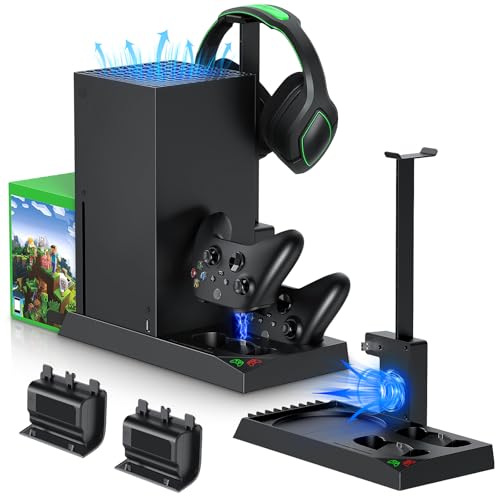 MENEEA Ständer mit Lüfter für Xbox Series X Zubehör, 5 in 1 Vertikale Dual-Ladegerät mit Controller Ladestation, 2stk 1400mAh Akkus,Konsole Kühler, Headset-Halterung und Spiele-Aufbewahrung (Schwarz) von MENEEA