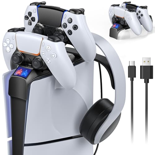 MENEEA Zubehör für PS5 Controller Ladegerät, Top-Ladestation für PS5 Controller & PS5 Edge Controller, Ladestation mit Headset-Halter für 2023 Playstation 5 Slim Disc & Digitalkonsole von MENEEA