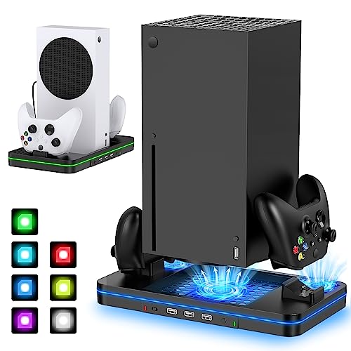 Ständer für Xbox Series X/S mit Ladestation, Ladestation für Controller mit RGB LED Licht, 3 USB Ports, Kühler Fan Zubehör Kit für Xbox Series X/S Konsole (Akku Nicht im Lieferumfang enthalten) von MENEEA