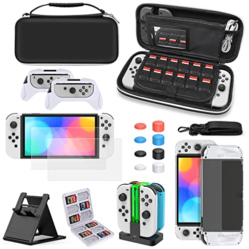 Zubehör-Bundle für Nintendo Switch OLED, MENEEA Tasche für Switch OLED Zubehör mit Dockable Hülle Transparent, Schutzfolie und DaumenKappen, Ladestation für Joycons, Lenkräder für Switch OLED(Schwarz) von MENEEA