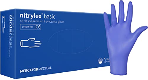 Nitrylex Basic Einweg-Nitrilhandschuhe, Schützende Untersuchungshandschuhe, Puderfrei, Unsteril, Blau, Größe S (6-7), beidhändig tragbar, strukturierte Fingerkuppe, dispenser box 100 Stk von MERCATOR MEDICAL