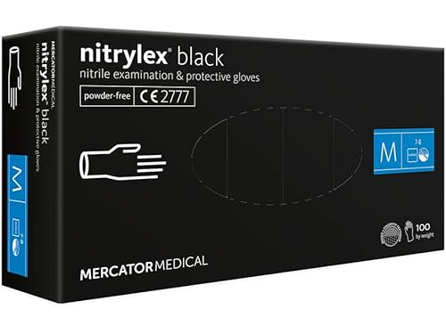 Nitrylex Black Einweg-Nitrilhandschuhe, Untersuchungsschutz, puderfrei, unsteril, Mattschwarz, Größe M (7-8), beidhändig tragbar, Mikro + strukturierte Fingerspitze, dispenser box 100 Stk von MERCATOR MEDICAL