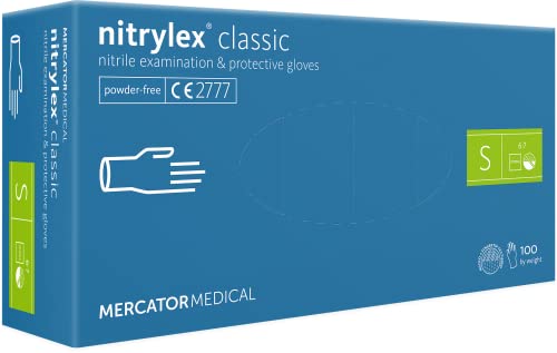 Nitrylex Classic Einweg-Nitrilhandschuhe, schützende Untersuchungshandschuhe, puderfrei, unsteril, Blau, Größe S (6-7), beidhändig tragbar, Mikro + strukturierte Fingerspitze, dispenser box 100 Stk von MERCATOR MEDICAL