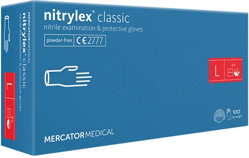 Nitrylex Classic Einweg-Nitrilhandschuhe, schützende Untersuchungshandschuhe, puderfrei, unsteril, Blau , Größe L (8-9), beidhändig tragbar, Mikro+strukturierte Fingerspitze, dispenser box 100 Stk von MERCATOR MEDICAL