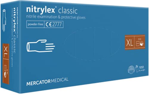 Nitrylex Classic Einweg-Nitrilhandschuhe, schützende Untersuchungshandschuhe, puderfrei, unsteril, Blau , Größe XL (9-10), beidhändig tragbar, Mikro + strukturierte Fingerspitze, dispenser box 100 Stk von MERCATOR MEDICAL