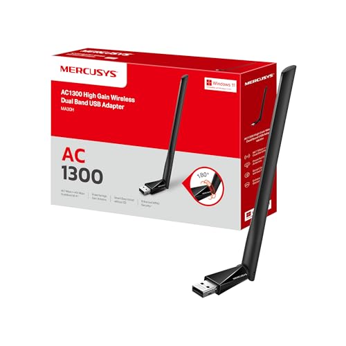 Mercusys MA30H AC1300 High Gain USB WLAN Stick Adapter mit Antennen(bis zu 867 Mbit/s 5GHz, 400 Mbit/s 2,4GHz, nur Kompatibel mit Windows 11/10 (32/64 bit) von MERCUSYS