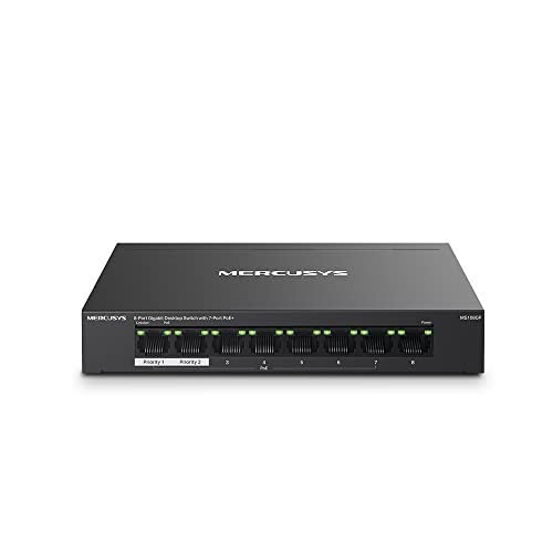 MERCUSYS MS108GP Gigabit RJ45 Switch, 8 Ports, 7 PoE+ Ports, PoE-Übertragung bis zu 250 Meter, Ethernet LAN 10/100/1000 Mbps, Plug and Play, klein, Kunststoffgehäuse von MERCUSYS