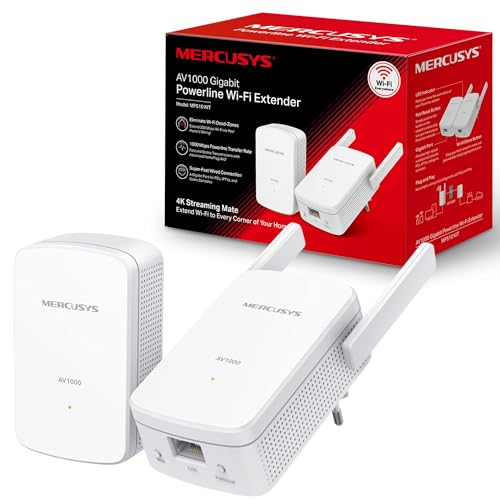 Mercusys AV1000 Gigabit Powerline Starter Kit, Data Transfer Speed Up to 1000 Mbps, Eliminate WiFi Dead Zones,with Extend 300 Mbps WiFi, No Configuration Required (MP510 KIT), White von MERCUSYS