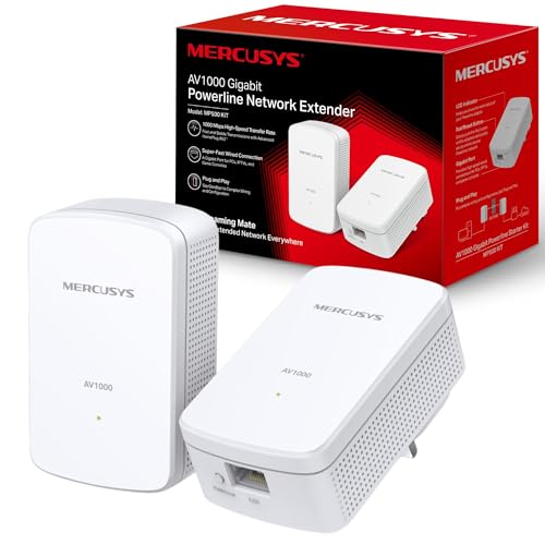 Mercusys AV1000 Gigabit Powerline Starter Kit, Data transfer speed Up To 1000 Mbps, Ideal for 4K streaming, online gaming and graphics-intensive applications No Configuration required (MP500 KIT) von MERCUSYS