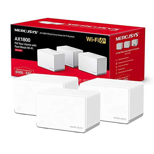 Mercusys AX1800 Whole Home Mesh Wi-Fi 6 System, Abdeckung bis zu 550 m², verbindet bis zu 150 Geräte, 1024-QAM, Full Gigabit Ports, Dualband Wi-Fi, einfache App-Steuerung, Halo H70X (3er-Pack) von MERCUSYS