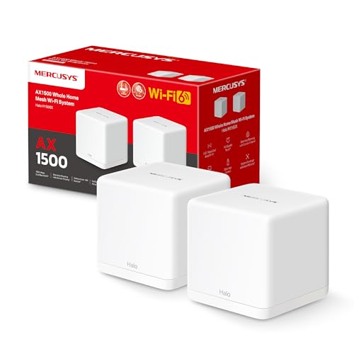 Mercusys Halo H1500X Wi-Fi 6 Mesh WLAN Set (2er Pack), AX1500 Dual Band Router & Repeater, Gigabit-Port, empfohlen für Häuser mit 2-3 Schlafzimmern, nahtloses Roaming, MERCUSYS App von MERCUSYS