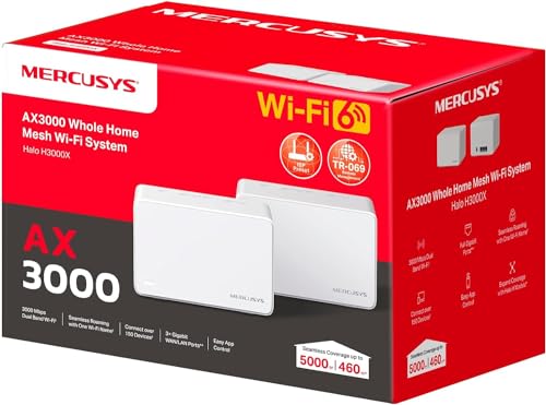 Mercusys Halo H3000X(2-Pack) WLAN-Router 6 Mesh, AX3000, Dualband, Reichweite bis zu 420 m², 3 x Gigabit-Port pro Laufwerk, Netzwerkverwaltung, einfache Einrichtung mit App, WPA3 von MERCUSYS