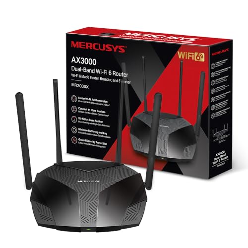 Mercusys WLAN-Router 6 3000Mbps, WLAN-Router, Dual-Band-Router, 4 RJ45 Gigabit-Ports, 4 Antennen 5dBi, MU-MIMO, WPA3, intelligente Verbindung, Kindersicherung, BSS Color Technologie, MR3000X von MERCUSYS