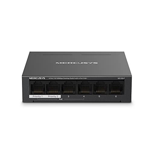 TP-Link Mercusys MS106LP PoE+ Switch 6 Ports mit 4 PoE+, 30W für PoE Port, 40W an Allen Ports, 802.3af/at, 2 Uplink Ports für Internet und NVR, Metallgehäuse, Ethernet-Splitter, Plug & Play von MERCUSYS