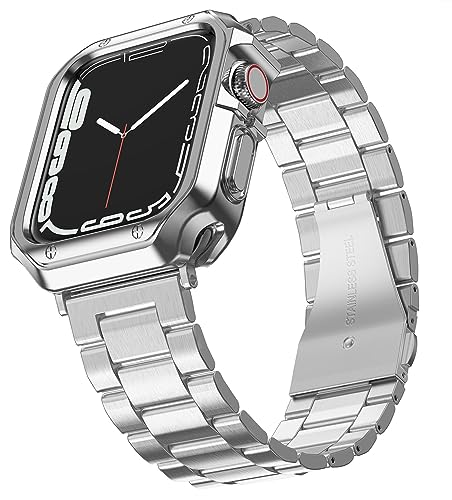 MERUYOO Metallarmband Kompatibel mit Apple Watch Armband mit Schutz-Hülle 45mm 44mm 42mm 41mm 40mm 38mm, Edelstahl Metall Ersatzband für i-Watch Series 7 SE 6 5 4 3 2 1 (42mm/44mm/45mm, Silber) von MERUYOO