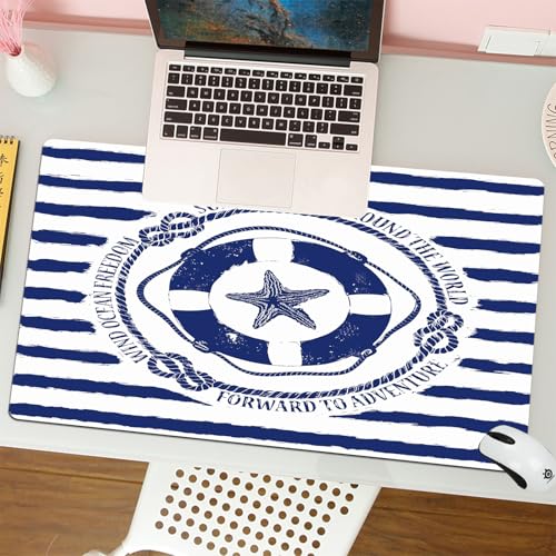 MESHIZIY Mauspad (400 × 750 MM) Verlängertes großes Mauspad Schreibtischauflage, rutschfeste Gummibasis, Gaming-Mauspad XLBlau-weißes nautisches Emblem mit Rettungsring und Seestern auf gestreiftem von MESHIZIY