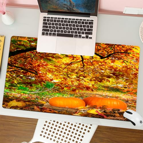 MESHIZIY Mauspad (400 × 750 MM) Verlängertes großes Mauspad Schreibtischauflage, rutschfeste Gummibasis, Gaming-Mauspad XLHerbstfestlicher Hintergrund mit Kürbissen auf Stroh und Blättern im Freien von MESHIZIY