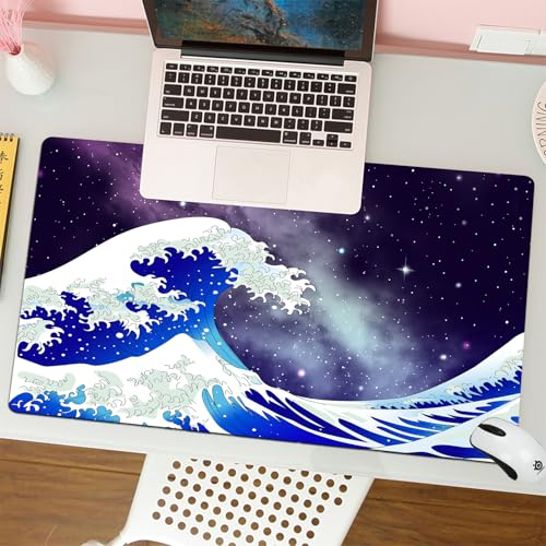 MESHIZIY Mauspad (400 × 750 MM) Verlängertes großes Mauspad Schreibtischauflage, rutschfeste Gummibasis, Gaming-Mauspad XLHintergrundbild der großen Welle und Galaxie in Ukiyoe von MESHIZIY