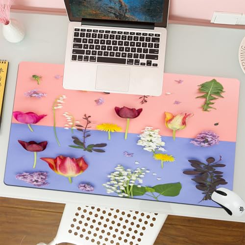 MESHIZIY Mauspad (400 × 750 MM) Verlängertes großes Mauspad Schreibtischauflage, rutschfeste Gummibasis, Gaming-Mauspad XLschöner Blumenstrauß auf rosa blauem Hintergrund, Draufsicht, flaches Lay-K von MESHIZIY