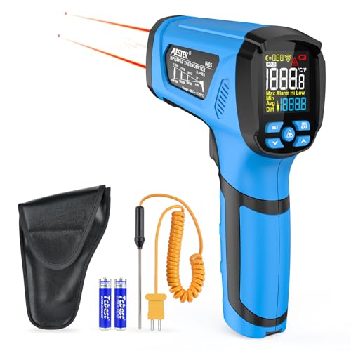 Infrarot Thermometer MESTEK -40°C bis 1600℃ Digital Laser Hochtemperatur Temperaturmessgerät mit K-Sonde IR Pyrometer Berührungslos LCD Alarm Einstellbarer Emissionsgrad für Küche Industrie von MESTEK