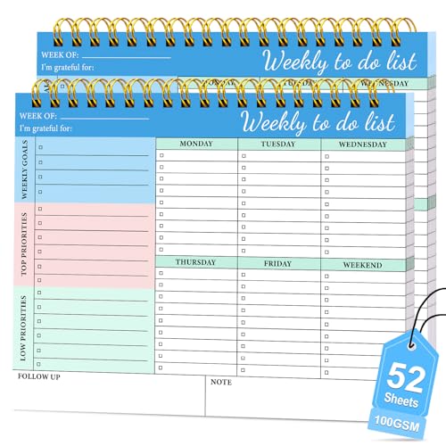 2 Pack To-do-Listen - Wöchentliche Planer Notizblock, Undatiert Wöchentlichen Schreibtisch Planer, 52 Seiten Spirale Gebundenen Notizblock mit Checkliste, 8,5 "× 11" von METEOROCK