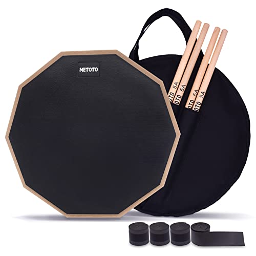 METOTO Snare Drum Practice Pad zum Schlagzeugen, 30,5 cm, doppelseitiges Übungs-Schlagzeug-Pad und Stäbchen (2 Paar), Aufbewahrungstasche für Schlagzeug, Schwarz von METOTO