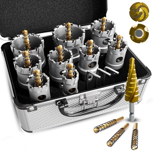 19 Größen Hartmetall-Lochsägen-Set für Metall – robustes TCT-Lochschneider-Bohrer-Set mit Titan-Pilot- und L-Schraubenschlüssel, inklusive (1/4 Zoll - 3/4 Zoll), 9 Größen, 4-Spiralnut-Stufenbohrer von METOTY