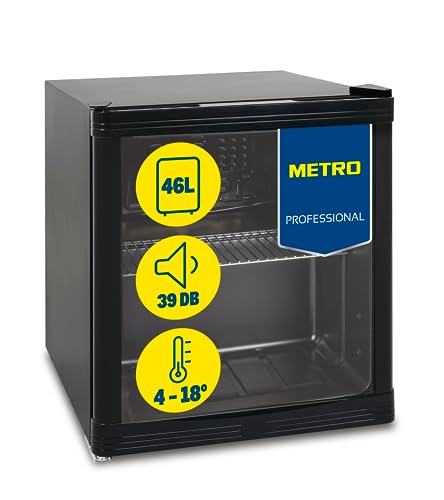 METRO Professional Mini-Kühlschrank GPC1046 mit Glastür - aus Glas und Edelstahl - für Zimmer Büro - für Getränke Snacks Kosmetik - Minibar - 43x48x51.5cm - 46L - Umluftkühlung - Schwarz von METRO Professional