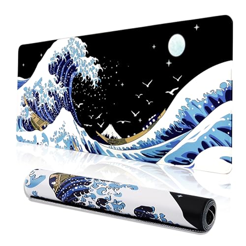 Großes Gaming-Laptop-Mauspad, Meereswellen, große Schreibtischunterlagen, PC-Tastatur, wasserdicht und rutschfest, 88 x 40 cm, 3 mm dick, Gummi-Tischmatte, Kanagawa Surfen und Schwarz von MEWOOCUE