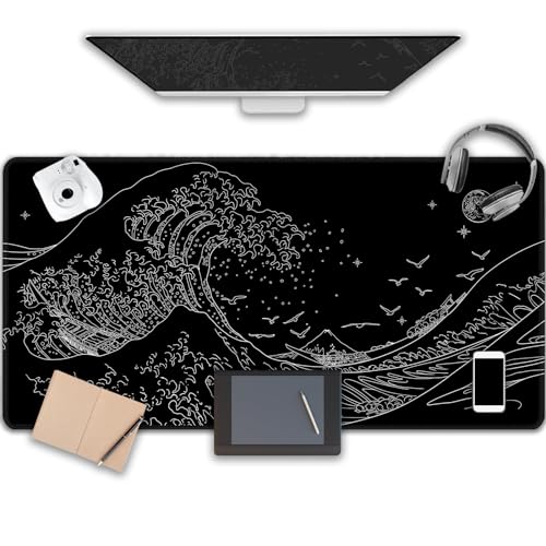 MEWOOCUE Gaming-Laptop-Mauspad, Meereswelle, große Mäuse, PC-Tastatur, wasserdicht und rutschfest, 120 x 60 cm, 0,4 cm dick, XL, XXL, Gummi-Tischmatte, Kanagawa Surfen und schwarze japanische Mauspads von MEWOOCUE