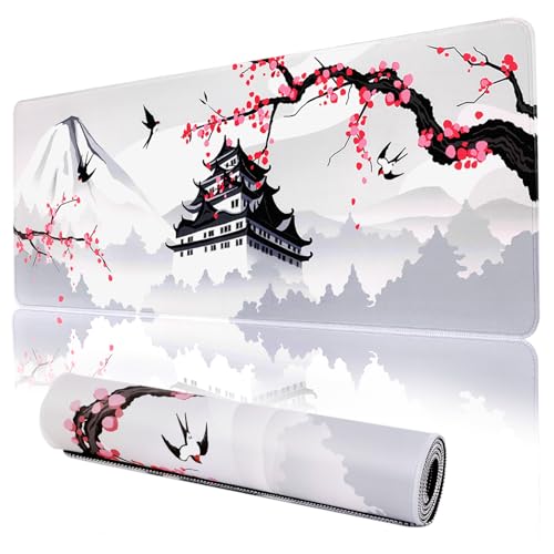 XXL großes Gaming-Laptop-Mauspad, japanische Kirschblüte, weißes Spielpad, große Schreibtischunterlagen, PC-Tastatur, wasserdicht und rutschfest, 78.9x30 cm, Gummi-Tischmatte (Kirschblüte, 40x90 cm) von MEWOOCUE