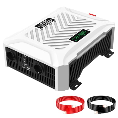 MFUZOP Wechselrichter 12V auf 230V Reiner Sinus 3000W/6000W Spannungswandler Power Inverter mit 2 EU Steckdose, 1 Type-C Anschluss, 2.1A USB-Anschluss (12V-3000W) von MFUZOP