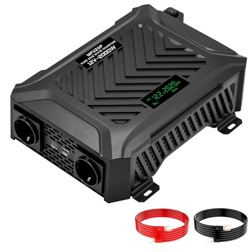 MFUZOP Wechselrichter 12Vauf 230V Reiner Sinus 2000W/4000W Spannungswandler 12V intelligentem Erkennungssystem mit 2 EU Steckdose, 1 Type-CAnschluss, 2.1A USB-Anschluss (12V-2000W) von MFUZOP